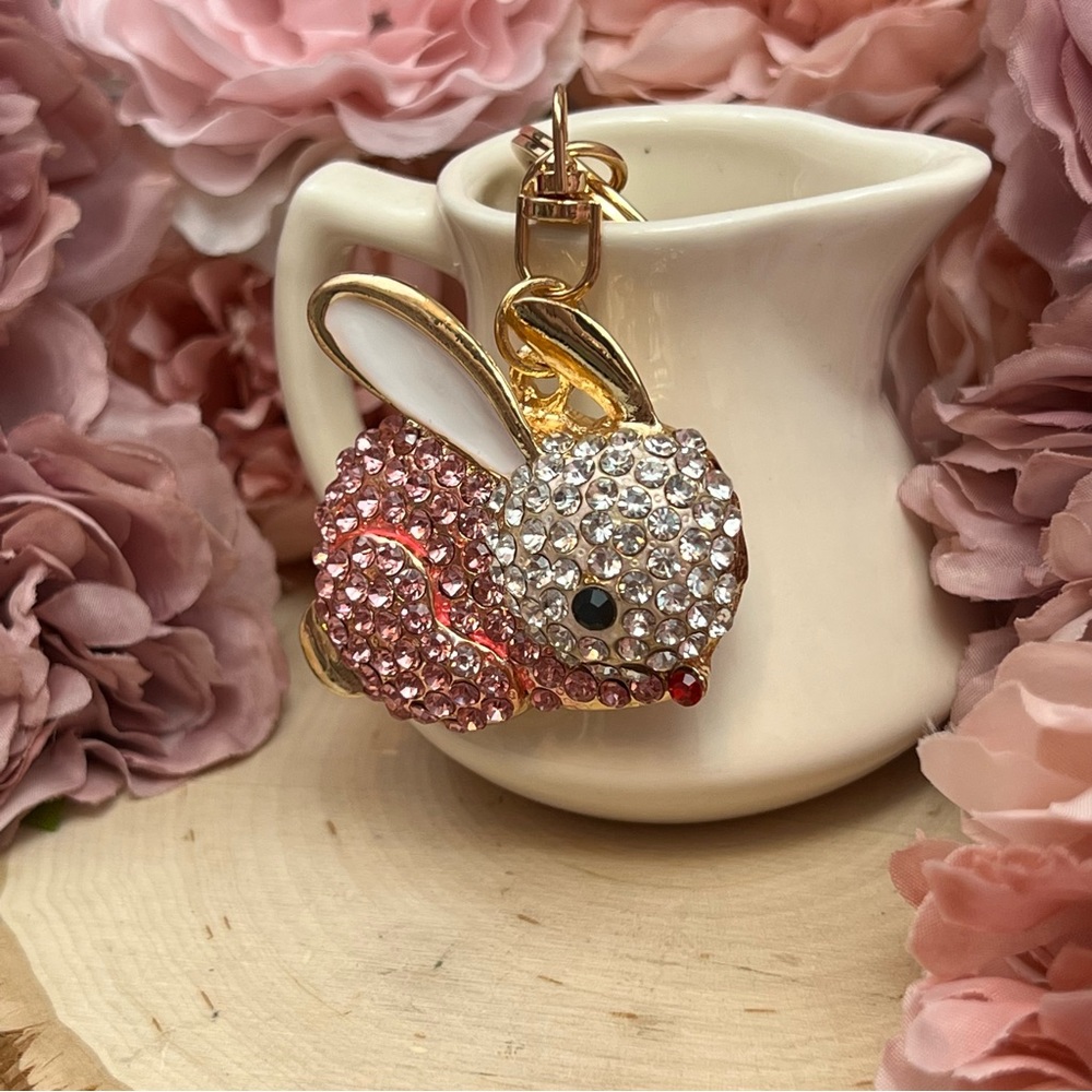 Pale Pink and Silver Crystal Bunny Rabbit Keychain Charm - Picture 3 of 12